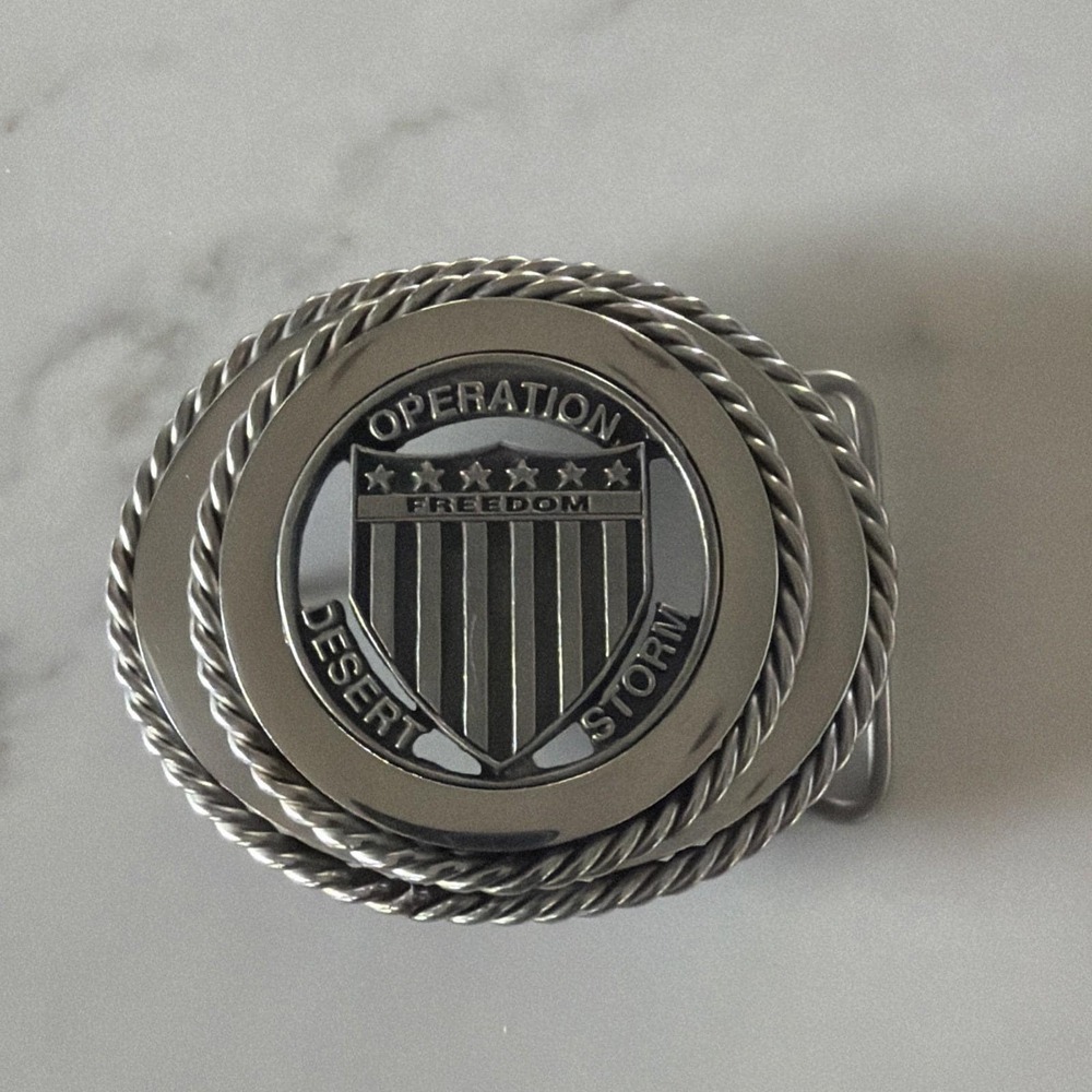 Vintage Silver Tone Operation Desert Storm Freedom USA Heavy Belt Buckle